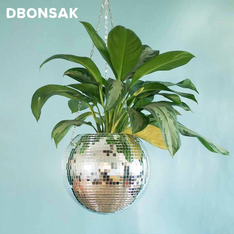 Disco Ball Hanging Flower Pot For Indoor Plants Bohemian Style Flower Planter Pots Rope Mirror Hanging Basket Garden Decor Vase